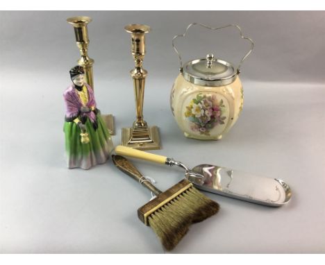SILVER PLATED CRUMB TRAY, with brush, along with a pair of candlesticks, a Gainsborough figure of Grandma and a ceramic biscu