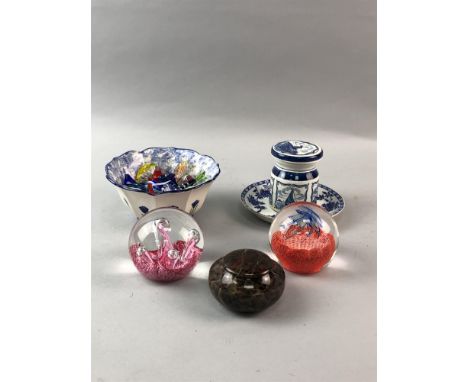 TWO CAITHNESS PAPERWEIGHTS, comprising 'Highland Dance' and 'Moonflower', along with a lidded jar, a blue and white ginger ja