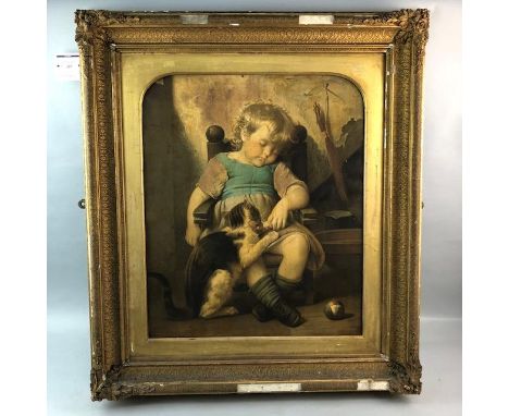 OVERPAINTED PRINT ON CANVAS, depicting a sleeping child and cat 80cm x 70cm Framed