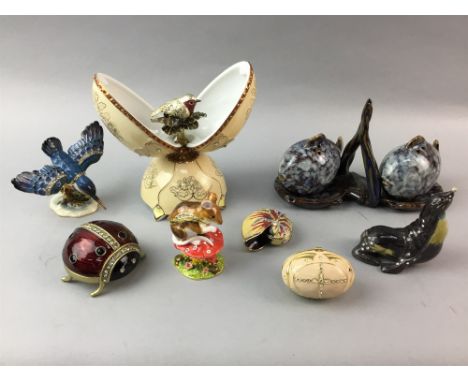 COLLECTION OF NOVELTY TRINKET BOXES, modelled as various animals, eggs, also along with ceramic condiments, Poole pottery dis