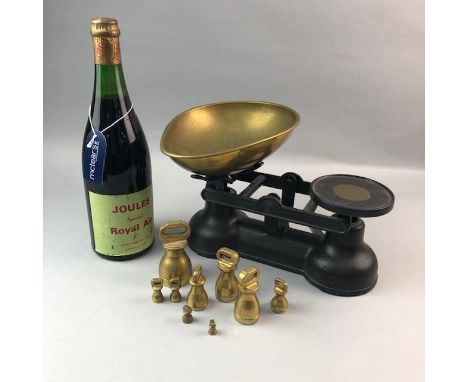 VINTAGE BOTTLE OF JOULES SPECIAL ROYAL ALE, brewed September 1974, 31cm high, along with a set of Salter brass and metal scal