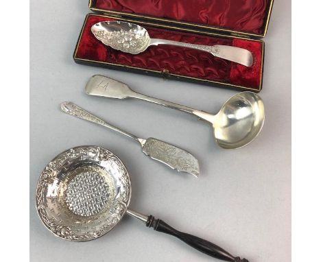 VICTORIAN SILVER TODDY LADLE, along with a silver tea strainer, a silver berry spoon and a silver fish knife