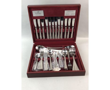 VINERS CANTEEN OF STAINLESS STEEL CUTLERY, along with three Rolex Bucherer Lucerne spoons, a Wedgwood 'Ribbon Cascade' basket