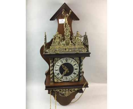 REPRODUCTION BRASS MOUNTED WOOD WALL CLOCK, 64cm high, along with an oak barometer (2)