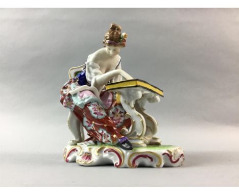 DERBY STYLE FIGURE OF A SEATED WOMAN, modelled playing an instrument, 13cm high