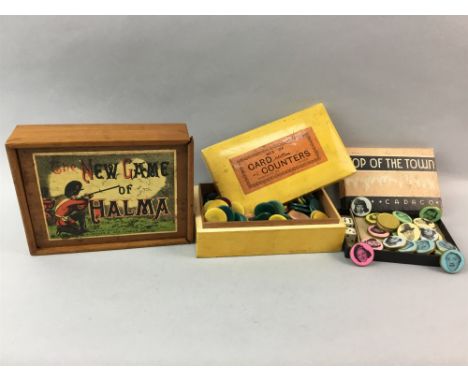 LEATHER TEA CADDY, along with vintage boxed games and counters, dominoes and another wood casket