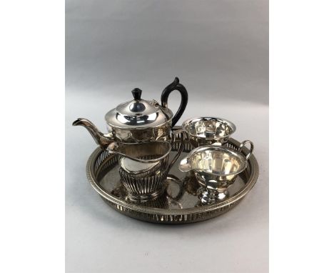 SILVER PLATED THREE PIECE TEA SERVICE along with plated entrée dishes