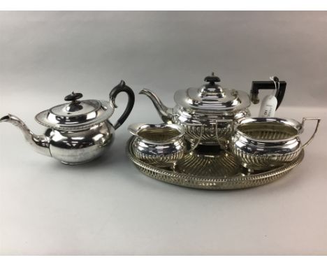 SILVER PLATED THREE PIECE TEA SERVICE, comprising tea pot, sugar and cream, along with silver plated cutlery, in fitted cases