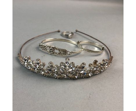 CHRISTENING BANGLE. marked 925 CZ, along with another bangle marked 925, a coral necklace marked 14K to the clasp, a bracelet