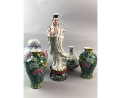 20TH CENTURY CHINESE CERAMIC FIGURE OF GUANYIN, 37cm high, along with a pair of Japanese vases, another vase, a bowl and ging