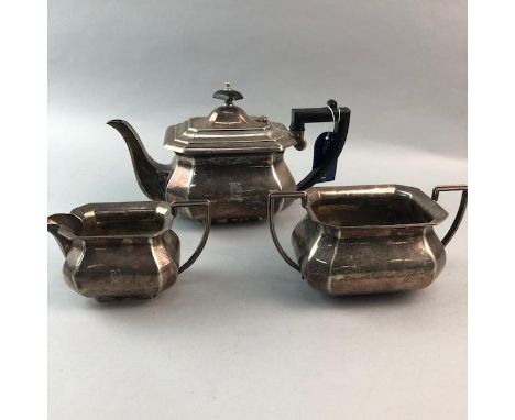 SILVER PLATED THREE PIECE TEA SERVICE, of square form, comprising tea pot, sugar and cream, along with other silver plated it