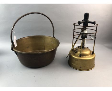 BRASS JELLY PAN, along with a brass Tilley lamp model X. 246, plated tin and a collection of silver plated ware including two