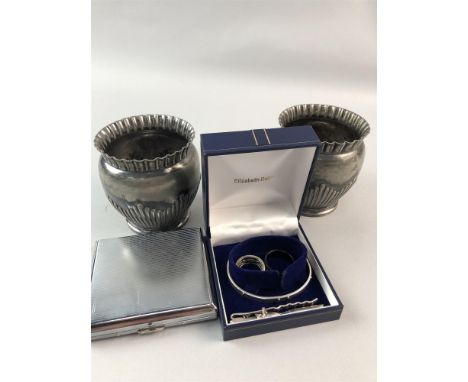 TIE PIN, marked 925, along with a bangle, two rings, a pair of silver plated pots and a silver plated cigarette box