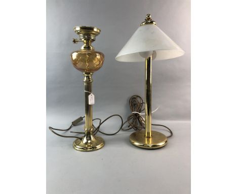 PAIR OF BRASS TABLE LAMPS, along with two further lamps and four lamp shades