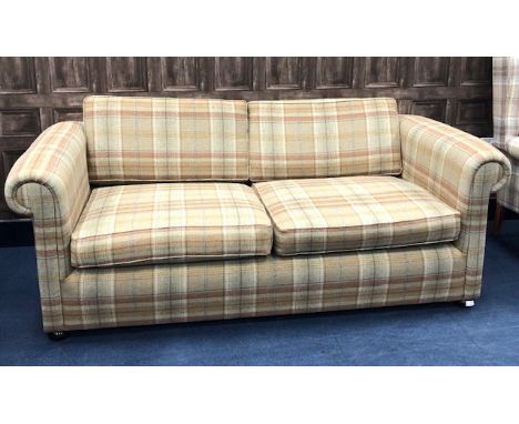 TWO TWO SEATER SOFAS, uplholstered in cream, brown and orange check, the largest sofa 181cm wide