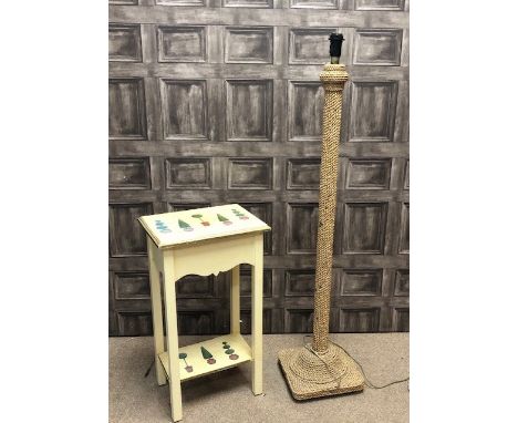 WICKER STANDARD LAMP, along with a hand painted occasional table (2)