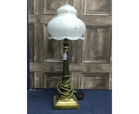 THREE CONVERTED BRASS OIL LAMP TABLE LAMPS, each with glass shade, the tallest 57cm high (3)