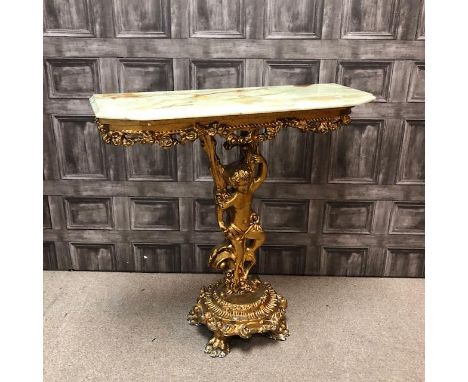 GILT CONSOLE TABLE, the marble top supported by a column modelled as a child, 80cm wide