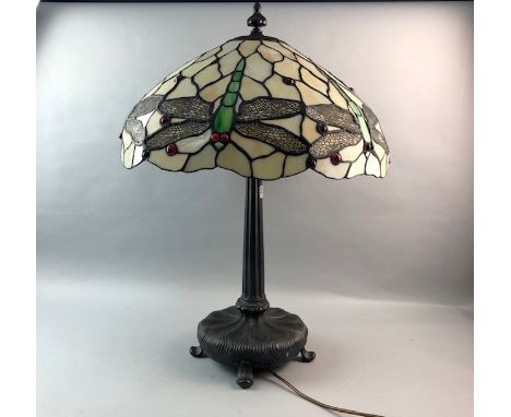 TIFFANY STYLE TABLE LAMP, 74cm high, the leaded glass shade decorated with dragonflies