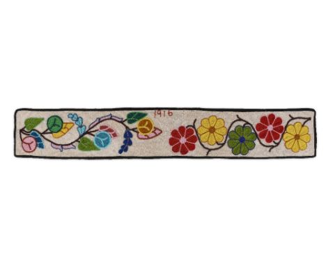 An Ojibwa dated beaded belt Leech Lake Reservation, Minnesota sack cloth, cloth and coloured glass and cut steel beads, with 