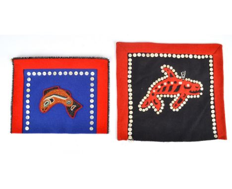 A small button blanket by Dotti Beecroft Tlingit cloth, coloured glass beads and mother of pearl buttons, decorated with a sa
