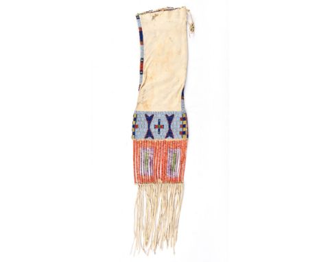 A Sioux pipe bag Plains buckskin, rawhide, coloured glass beads and quill, the top with a beaded edge and the side panels of 
