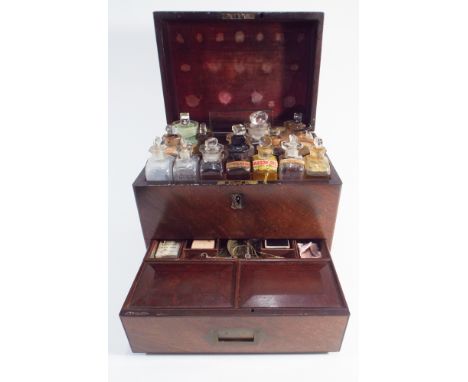 Victorian mahogany  apothecary box, the hinged lid opening to show fitted compartments with glass jars with Friars Balsam, po