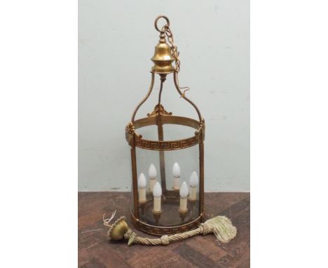 Large circular brass and glass 6 light hall light lantern light fitting