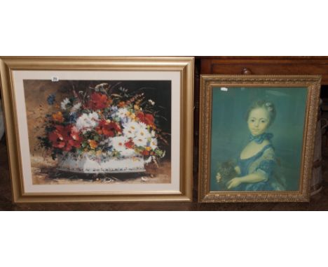Large gilt framed coloured print of flowers and another portrait print 