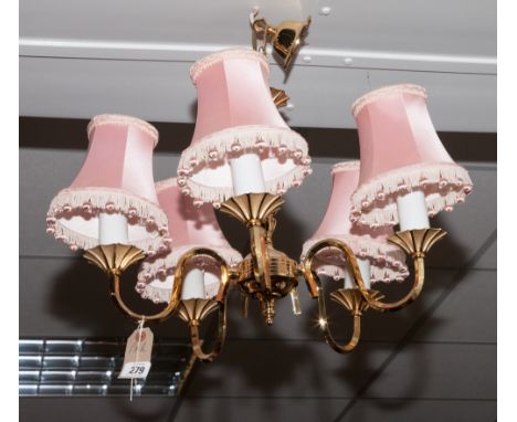 Pair of brass 5 branch electric light fittings with pink shades