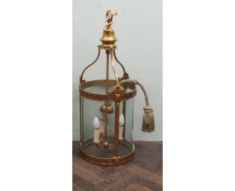 Large circular brass and glass 3 light hall light lantern light fitting - approximately 3' tall x 12.5" diameter 