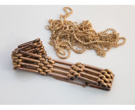 A group of three 9ct yellow gold chains, weight 17.6 grams and a large gate bracelet, unmarked.
