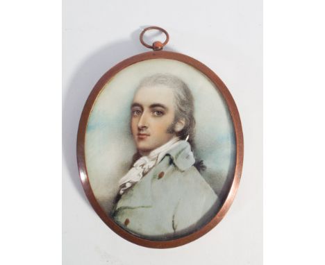 Early 19th century portrait miniature on ivory of a gentleman wearing cravat and top coat 