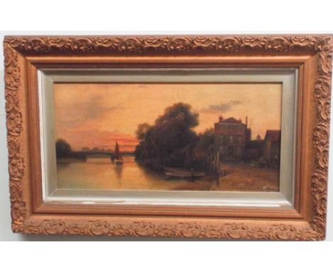 Victorian oil on canvas painting of cottage and river scene with sailing and other boats in gilt frame signed F R Offer 
