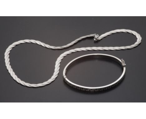 Modern 9ct white gold ladies hinged bangle and a 9 ct white gold plated link necklace. Gross weight 15.6 grams
