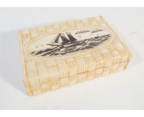 Scrimshaw style carved bone rectangular snuff box, the lid decorated with typical whaling scene - 9cm long 