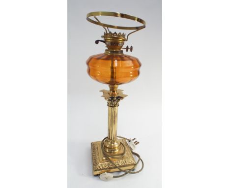 Brass Corinthian column oil lamp with amber glass bowl, converted to electric (no shade) lamp stands 22" high 