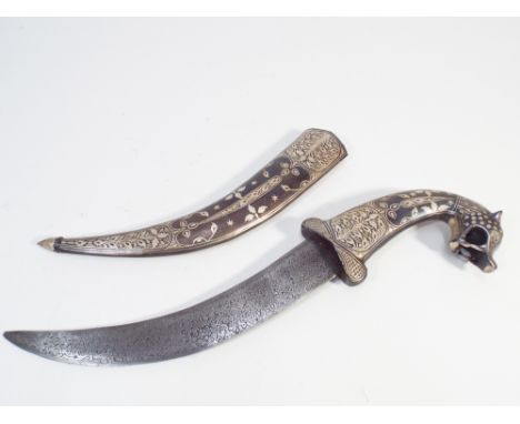 Persian designed dagger with curved blade and inlaid scabbard 33cm long 