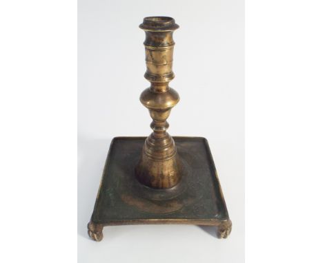 Square antique brass chamber stick, approx 9" high 