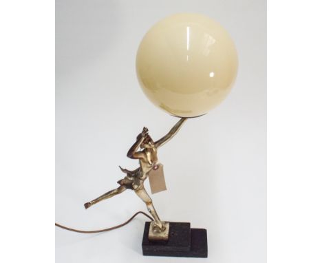 Art deco dancing girl electric table lamp with ball shade standing on black marble base 21" tall 