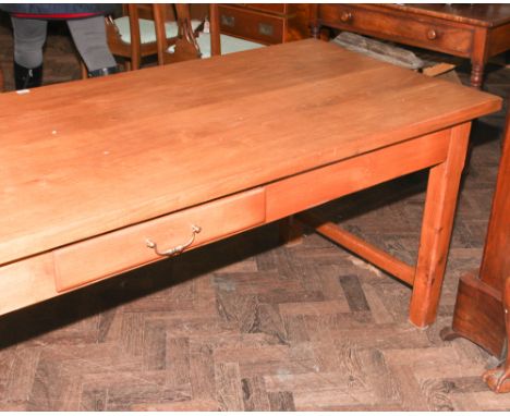 Heavy light oak farmhouse style dining table on square legs 85" x 32" and with fitted cutlery drawer 