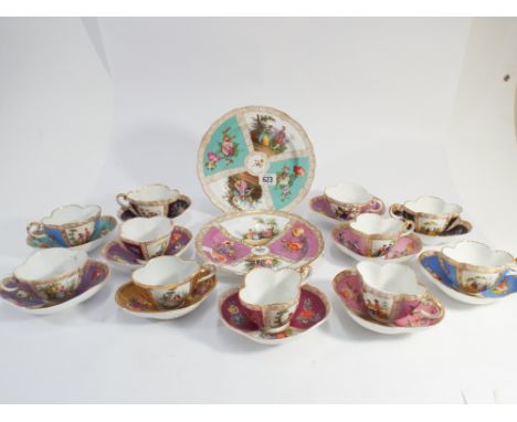 Collection of Augustus Rex Dresden cabinet cups and saucers and 2 tea plates, all painted with 18th century landscape courtin