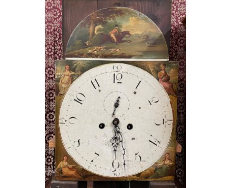 A Victorian Mahogany long cased grandfather clock. Designed with a hand painted face depicting fox hunting scene and the four