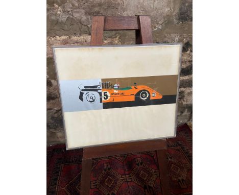 A Rare pop art print of a Mclaren Cam-am racing car. Signed by the artist and dated 1969. Fitted within a think perspex glass