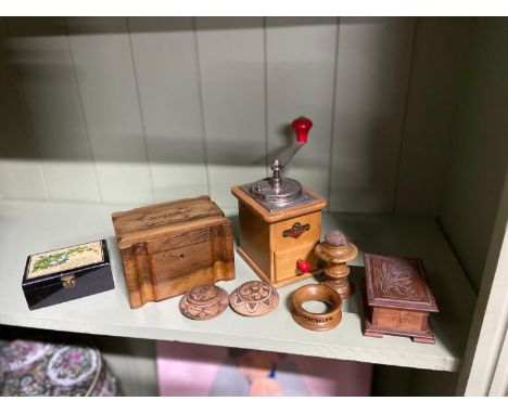 A Lot of various collectable wooden items. Includes Olive Wood Jerusalem box and napkin ring, Olive wood pin cushion, Machlin