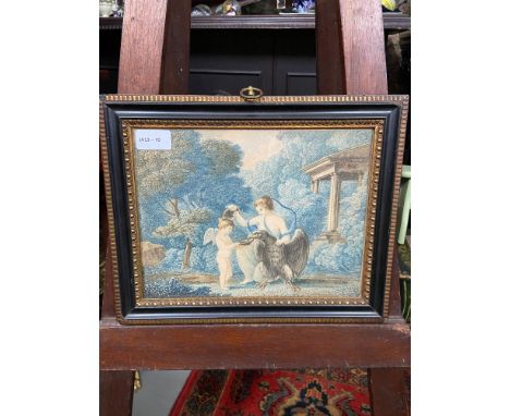 18th/ 19th century engraving coloured print depicting goddess and cherub boy feeding a large eagle. Fitted within a black and