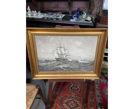 A Large 19th century engraving print depicting a galleon on stormy waters. 