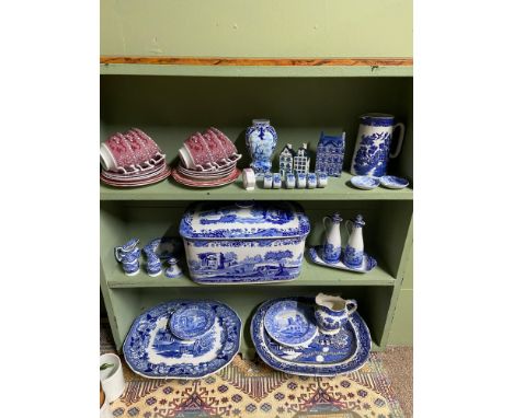 A Collection of Blue and white ware to include large Spode bread bin with lid, Spode red and white coffee cups and saucers, S