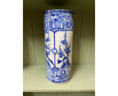 A 20th century Chinese blue and white paint brush pot/ stick stand. [A/F] 