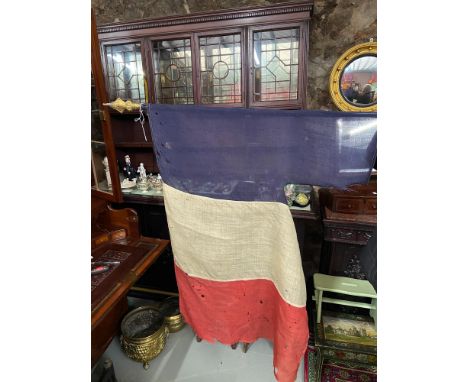 Antique French flag and pole. Designed with pointed finial with initials RF. 